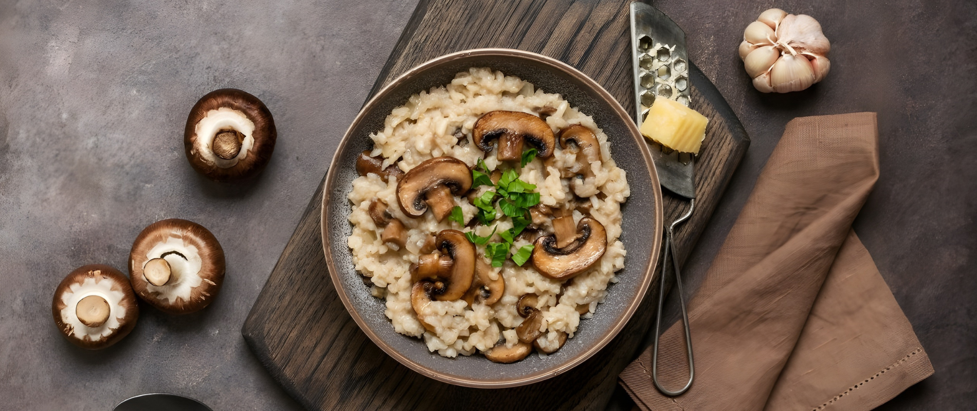 Risoto de Cogumelo Paris com Caldo Aromático de Cogumelos